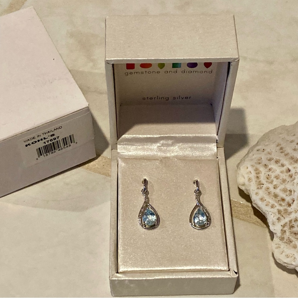 NWT RADIANT GEM sterling silver drop earrings-aquamarine/cubic zirconium chips
